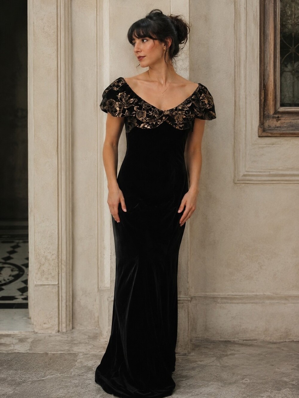 Vintage Aspeed Black Velvet Gown Small Gold Metallic Floral Portrait Collar 90s